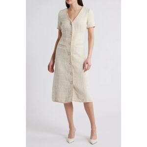 Zoe and Claire Cream Tweed Pearl Button Midi Dress